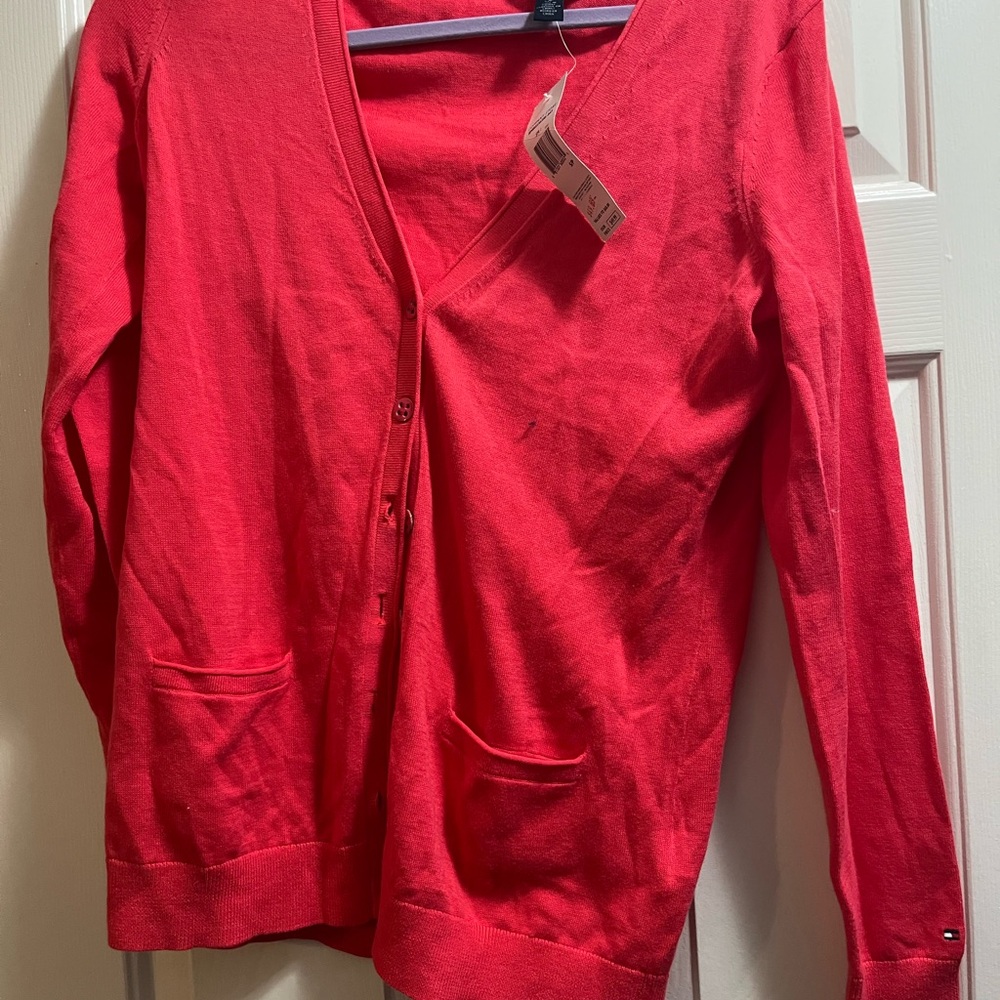 Tommy Hilfiger Orange Cardigan Sweater V-Neck Lightweight